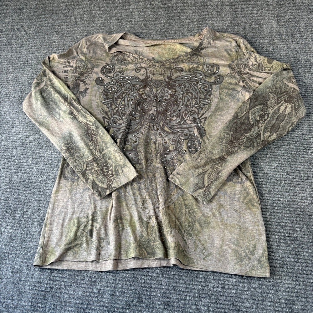 Greensource Women L Long Sleeve V-Neck Butterfly Graphic Rhinestone Tee Green